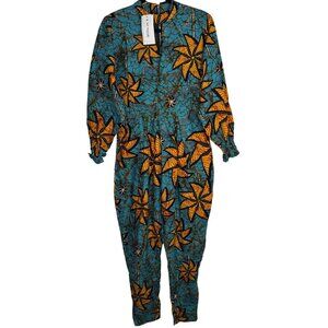 NWT African Print Long Sleeve Blue Orange Jumpsuit Pockets By Ace Kouture Size S